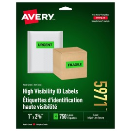 Avery Fluorescent Neon Labels, 1" x 2-5/8", Fluorescent Green, 750 Labels, Rectangle, Permanent (5971) Made in Canada