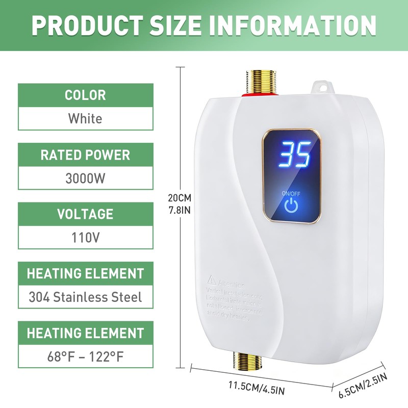 Tankless Water Heater Electric, 110V 3000W Instant Hot Water Heater