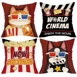 Fjfz World Cinema Movie Decorative Throw Pillow Covers 18 x 18 Set of 4, Now Showing Cat Dog Popcorn Clapper Board Theater Home Decor, Funny Film Tickets Filmstrip Movie Room Couch Cushion Case