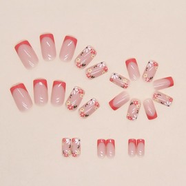 Cute Short Square Press on Nails 24Pcs False Fake Nails Simple with Pink Nude Wreaths Design French Tip Full Cover Thick Glossy Acrylic Glue on Nails Stick on Nails for Women W751