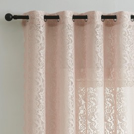 Bujasso Pink Sheer Lace Curtains 54 inch Victorian Short Curtain Panels for Kitchen Living Room Bedroom Elegant Light Filtering Pink Drapes Window Treatment Sets Grommet Top 2 Panels 54" Wx54 L