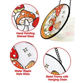 Tuitessine Mushroom Stained Glass Suncatcher Moon Toadstools Window Wall Hanging Ornament Hand-Painted Glass Panel Decor for Home Gift for Nature Plant Mushroom Lovers 6.3"*6.3"