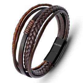 Aucuu Mens Leather Bracelet, Braided Leather Bracelet, Multi-Layer Bracelet With Stainless Steel Magnetic Clasp, Boys Bracelets Premium Leather Bracelet Birthday Gift For Men Boys Him Boyfriend