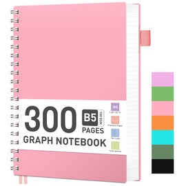 RETTACY Notepad B5 Squared Spiral Notebook 100gsm with 300 Pages/150 Sheets for Drawing, Plastic PVC Hard Cover, for Diary, College, Conference, Travel, 19 x 25 cm, Pink