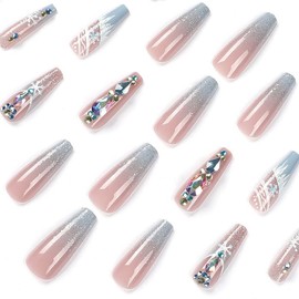 DOUBNINE Super Long Coffin Press on Nails Blue Snowflake Rhinestone French Tip 3D Glitter Designed Ombre Ballerina Bling Reusable Glossy Acrylic False Nail Full Cover for Women