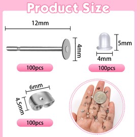 TOAOB 300pcs Earring Posts and Backs Silver Stainless Steel Hypoallergenic 4mm Flat Pad Blanks Studs with Clear Rubber and Butterfly Earring Backs for DIY Jewelry Making