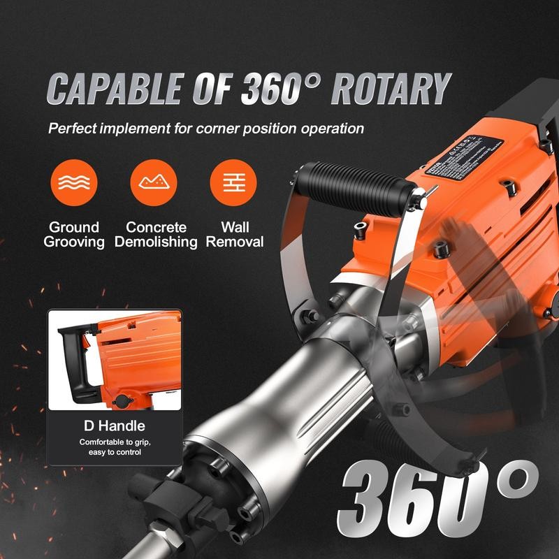 VEVOR Demolition Jack Hammer with 2/4/6 Chisel Bit, 360°C Swiveling