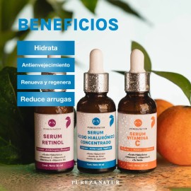 PUREZA NATUR Kit Serum facial Acido Hialurónico, Vitamina C y Retinol anti edad | Paquete completo de serum para el cuidado de la piel, hidratación y rejuvenecimiento con 3 sueros skincare