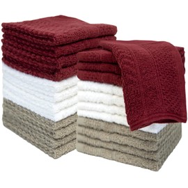 Pleasant Home Chevron Wash Cloths Set - 12 Pack (12” x 12”) – 509 GSM - 100% Ring Spun Cotton Wash Cloth - Super Soft and Highly Absorbent Face Towels (Maroon, White & Tan)