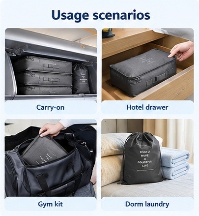 The set in use in a carry-on, a hotel drawer, a gym bag and a dorm room