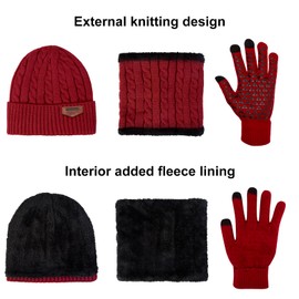 Winter Beanie Hats Scarf Gloves Set Thick Warm Slouchy Beanies Hat Knit Skull Cap Neck Warmer for Men Women, Style C-Wine Red