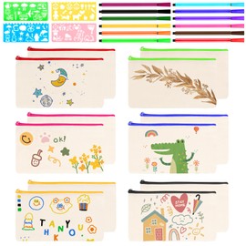 UKOFEW Pack of 12 DIY Blank Fabric Bags, Fabric Pencil Case for Painting, Canvas Pencil Case for Painting, with 12 Coloured Pens and 4 Drawing Templates, 21 x 12 cm, multicoloured, Creation