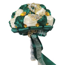 Jellybro Handmade Wedding Bouquets for Bride Bridesmaid Brooch Artificial Holding Flower Tossing Bouquet（White/Dark Green,21cm,1PC