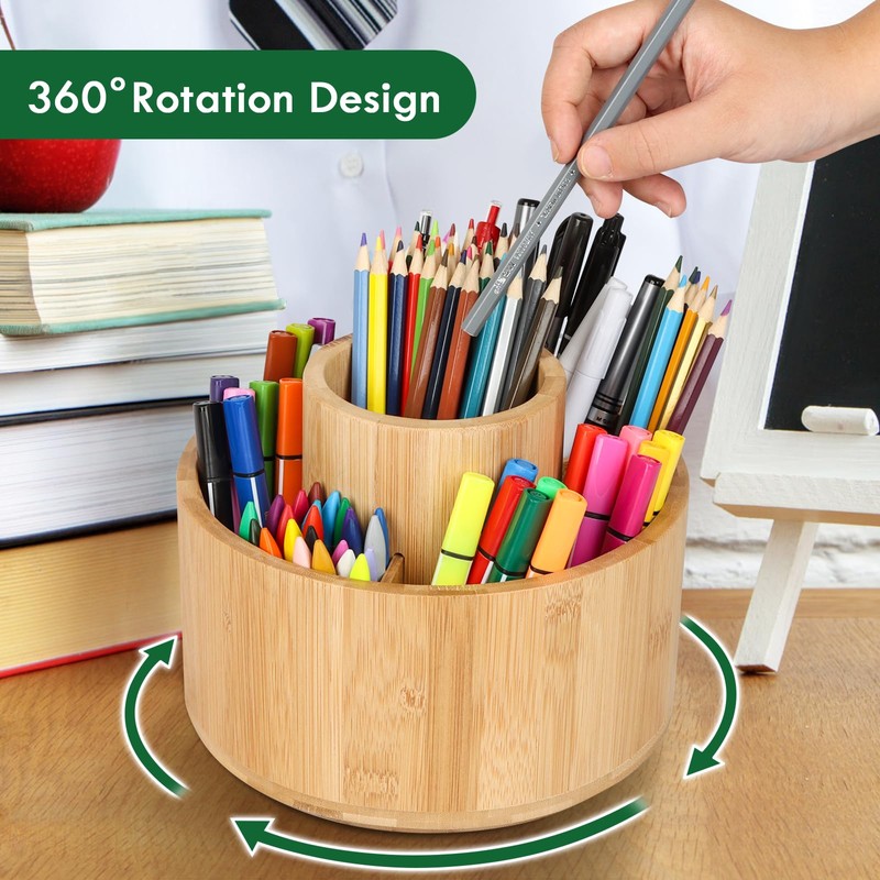 Cinnani Bamboo Desk Organiser, 360° Rotating Pen Holder, Wood, Large