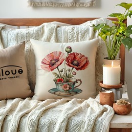 ULOVE LOVE YOURSELF Teacup Floral Throw Pillow Covers 18 x 18 Inch Watercolor Wildflowers Pillowcases Rustic Farmhouse Spring Summer Flower Cushion Covers 2pack for Sofa Couch Patio Porch (Red)