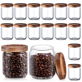 Irenare 16 Pcs 17 oz/ 500 ml Glass Canister Food Airtight Sealed Clear Borosilicate Glass Storage Jars with Lids Kitchen Spice Containers for Serving Coffee Sugar Tea Beans Candy Nuts Pantry (Wood)