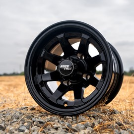 RockTrix RT102 10in Golf Cart Wheels 10x7 Rims, 4x4 4x101.6 Bolt Pattern, 3+4 Offset (-25mm) Compatible with Club Car EZGO Yamaha - Gloss Black, 1pc