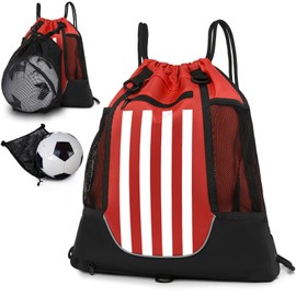 STAY GENT Drawstring Basketball Backpack for Children Teenagers Adults Foldable Football Volleyball Sports Bag with Removable Ball Mesh Bag for Gym Yoga Hiking Red White Stripes