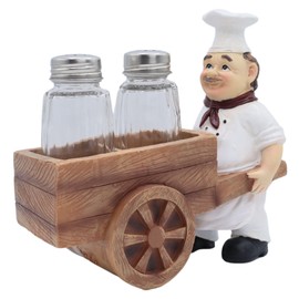French Chef with Wheelbarrow Salt and Pepper Shaker Holder, Cute Cooking Kitchen Decor, Shakers Included