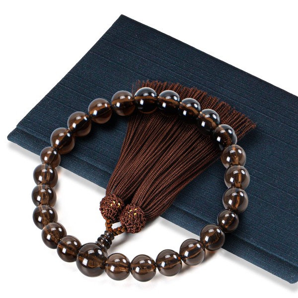 Fukushodo Prayer Beads [Kyoto Traditional Crafts Supervised by Funeral Professionals] Men's Prayer Beads for Funerals, Funerals, Ceremonial Manners Book, Brown Crystal + Prayer Bag (Hagi, Navy)