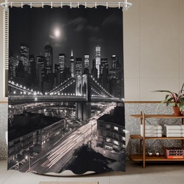 Western New York City Shower Curtain Simple Modern Night Scene Mens Bath Curtains Set Manhattan Brooklyn Retro Designer Black and White Fabric Waterproof Bathroom Accessory with Hooks 72 x 78 Inch