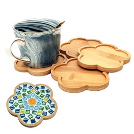 4PCS Mosaic Bamboo Coasters for Crafts, Blank Base Trays, Drinking Cup Coaster, Plant Coaster, Art Plate,DIY Mosaic Supplies (Flower)