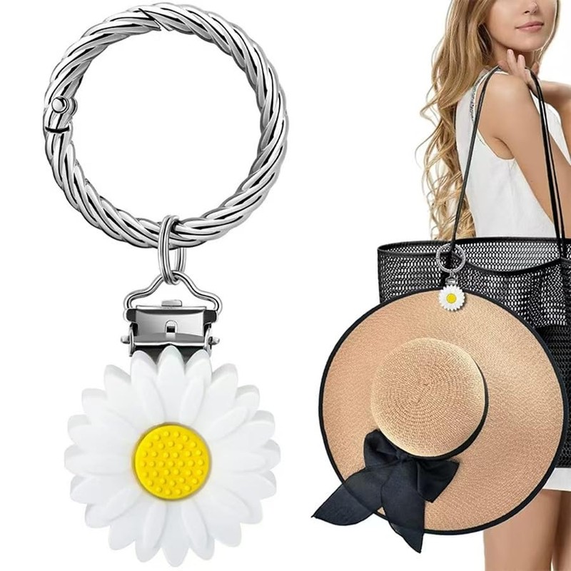 Daisy Flower Keyring Charm, Twisted Metal Ring, White and Yellow,
