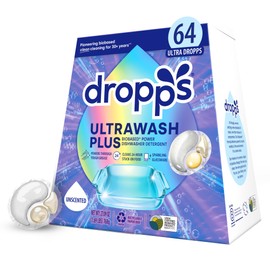 Dropps UltraWash Plus Dishwasher Detergent, Unscented (64 Pods) - Triple Action Biobased Power Deep Clean Dishwasher Detergent Tablets for Tough Stains - Dishwashing Pods for Shiny Dishes