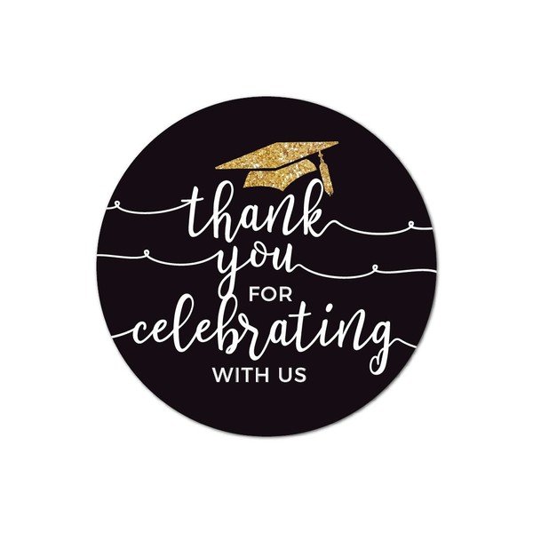 Andaz Press Black and Gold Glittering Graduation Party Collection, Round Circle Label Stickers, Thank You for Celebrating with US, 40-Pack