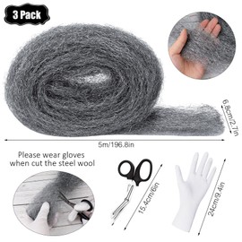 SelfTek Steel Wool Mice, 3 Pack Wire Wool Mice 50ft/15 Meter Ultra Fine Steel Wool Mice Blocker for Rodent Control, Cleaning, Polishing with Work Gloves and Scissors(5m/roll)