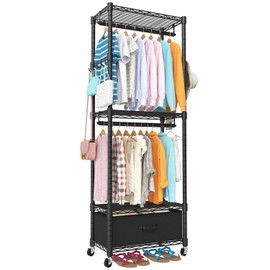 VyGrow Clothes Rack Heavy Duty Rolling Garment Rack 4 Tiers with Double Rods and Side Hooks | Storage Box | Height Adjustable | Load 400LBS | 23" L x 13.18" W x 78.74" H