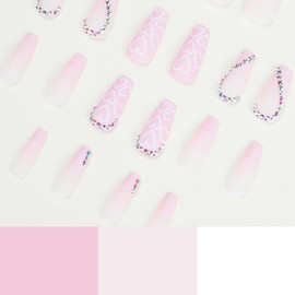Valentine's Day Press on Nails Medium Long Fake Nails Pink Coffin Acrylic Nails with Rhinestones and Heart Designs Matte False Nails Gradient Glue on Nails Full Cover Stick on Nails for Women 24PCS
