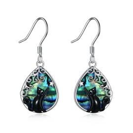 CRMAD Black Cat Earrings for Women Sterling Silver Filigree Cat Jewelry (abalone)