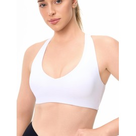 Lassosi Women's V Neck Sports Bra Wide Straps Cross Back Light Compression Padded Workout Yoga Top White M