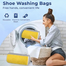 SR ESSENTIALS Shoe Washing Machine Bag 2Pcs, Reusable Laundry Bag for Sneaker, Fluffy Fibers Keep 360° Wrap-around Cleaning, Trainer Washing Machine Bag with Durable Zipper Closure (Yellow & Grey)