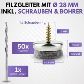Filzada 50 x Felt Gliders Screws Diameter 28 mm – High-Quality Furniture Glides Including Drill – Chair Leg Protectors – Chair Glides – Felt Glides for Chairs for Screwing