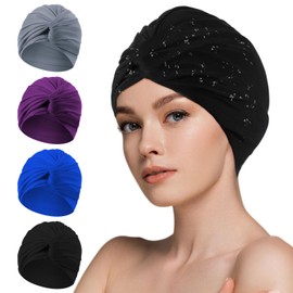 Shyyween 4 Pieces Swim Caps for Women Polyester Turban Strong Non-Slip Swimming Hat Elastic Swimming Pool Cap for Long and Short Hair (Black,Blue,Gray,Purple)