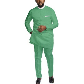 ATLYCOLOR African Suit for Men 2 Piece Set Shirt Pants Dashiki Outfits Nigerian Wedding Attire TR1 Light Green Medium