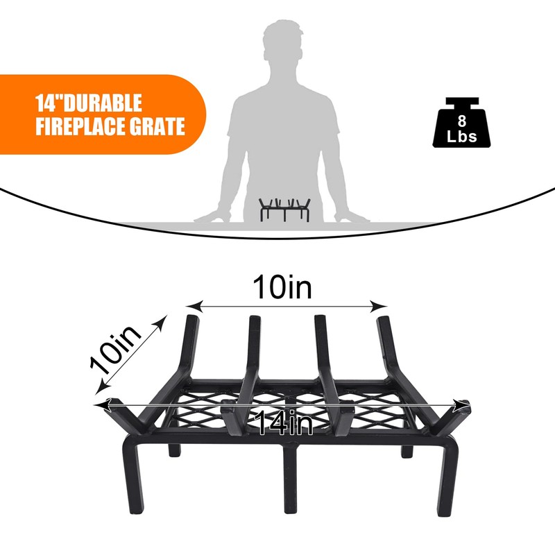 14 Inch Fireplace Grate with Ember Retainer,Cast Iron Fireplace Log