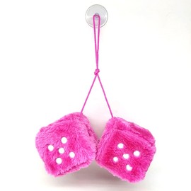Fuzzy Plush Dice for Car Mirror, Pair of Retro 3” Pink Dice with White Dots for Car Interior Hanging Ornament Decoration