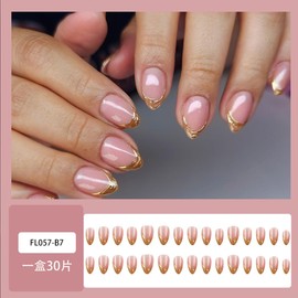 BUNLVDI Gold Press on Nails Short Almond Nail Tips Nude Gloss French Tip False Nails Reusable Pink Acrylic Nails Full Cover Artificial Stick on Nails for Women Manicure Supplies 24Pcs