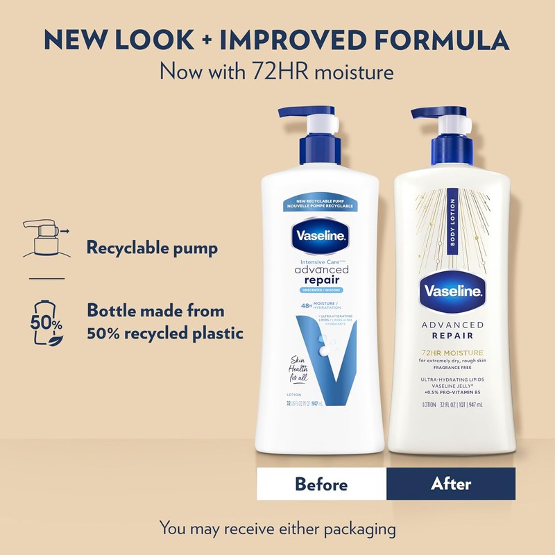 Vaseline Intensive Care Lotion, Advanced Repair Unscented, 32 Ounce