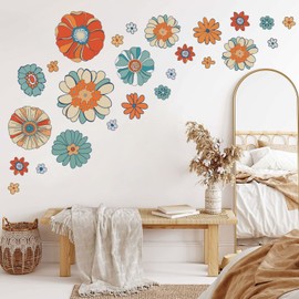 Tanlaby Boho Retro Floral Wall Stickers, Colorful Large Vintage Flower Wall Decals, Wall Art Sticker for Bedroom Living Room Offices Sofa TV Backdrop Wall Decor