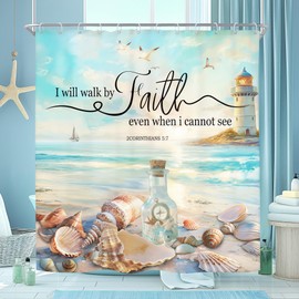 Riyidecor Beach Bible Verse Shower Curtain Hawaiian Ocean Coastal Lighthouse Christian Quote Nautical Scripture 60Wx72H Inch Starfish Seashells Fabric Decor Bathroom Polyester Waterproof 12 Pack Hooks