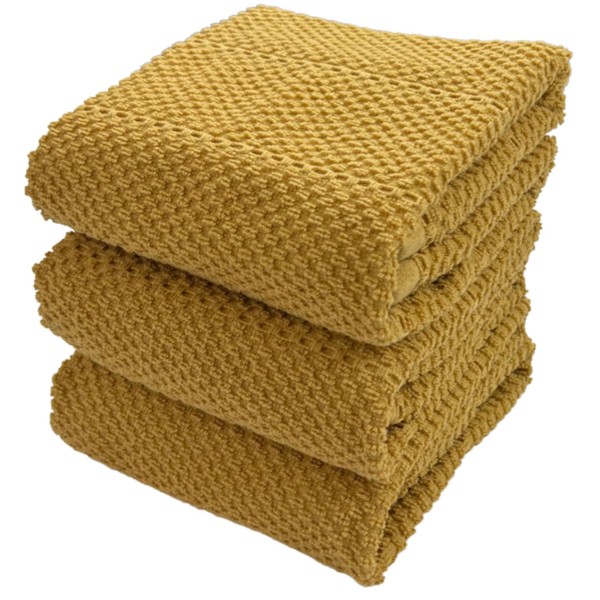 Paños de cocina de color amarillo mostaza, 100% algodón, suave limpieza, secado absorbente, lazo de rizo: juego de 3 multiusos para uso diario