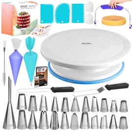 RFAQK Kit de suministros para decoración de tartas con plato giratorio antideslizante para tartas, nivelador de tartas, 24 puntas de glaseado numeradas con tabla de patrones y libro electrónico, espátula recta y en ángulo, 30 bolsas de glaseado, juego de