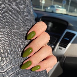 Olive Green Press on Nails Almond Shaped Nails Press ons, Medium Fake Nails Almond Acrylic Nails Glue on Nail Medium Length False Nail for Women Thick Natural Gel Stiletto 24Pcs
