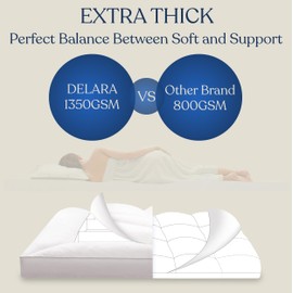 Delara Down Alternative Extra Plush Mattress Pad, GOTS Certified Organic Cotton Shell, 1350 GSM Snow Down Alternative Fill, 20" Deep Pocket, Fits All Mattress Sizes, Ultra Soft Fluffy Mattress Pad