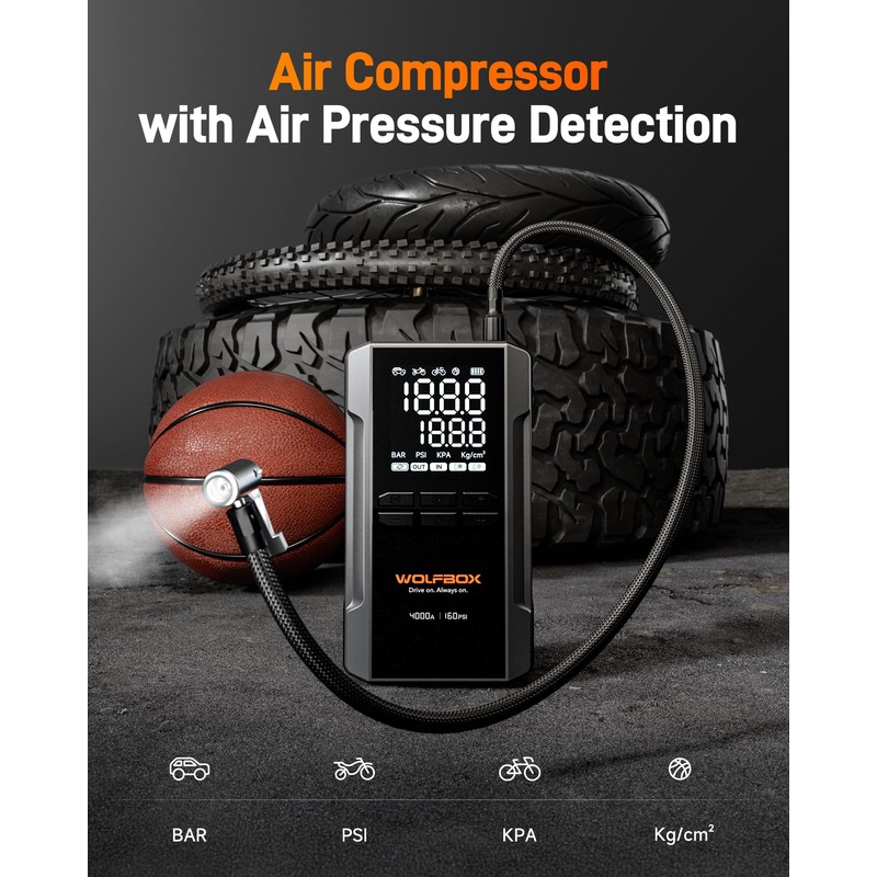 WOLFBOX 4000A Jump Starter with 160PSI Air Compressor, 12V Car