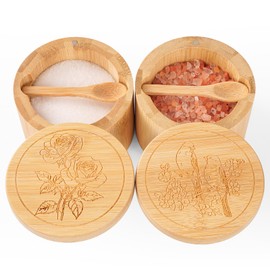 Timtopno Salt Cellar, 2PCS Salt Container Bamboo Salt and Pepper Box for Countertop with Built-in Spoon & Swivel Lid, Spice Seasoning Storage Bowl, Elegant Salt Holder (Rose & Bird Engraving)